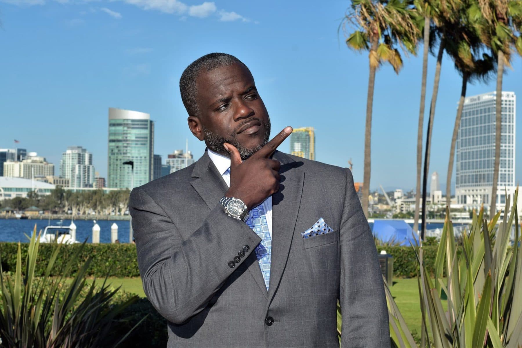 Attorney Marcus DeBose with the San Diego skyline
